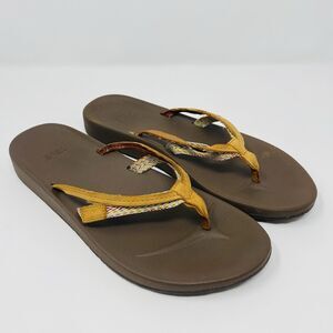 TEVA Women 8 Tan Azure 2 Strap Leather Sandals Low Wedge Southwestern Aztec Boho